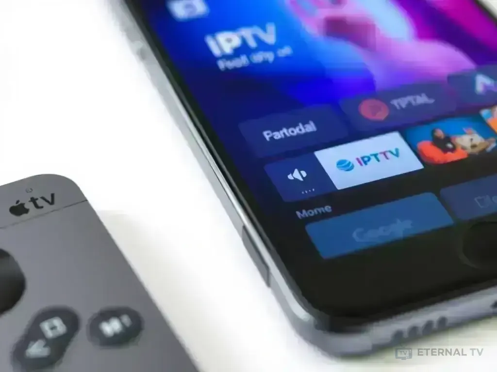 iPhone screen showing IPTV app interface with Apple TV remote