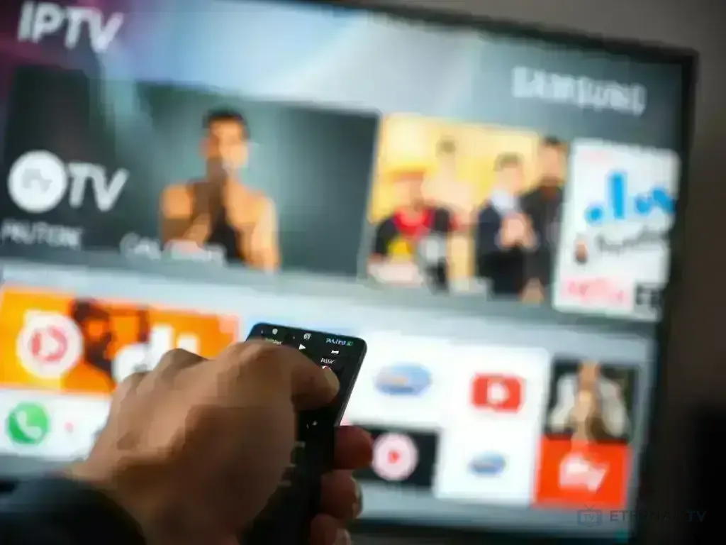 Smart TV IPTV Setup - Remote control pointing to IPTV app on Samsung TV screen